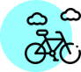 Ein stilisiertes Fahrrad vor einem blauen Hintergrund mit Wolken.